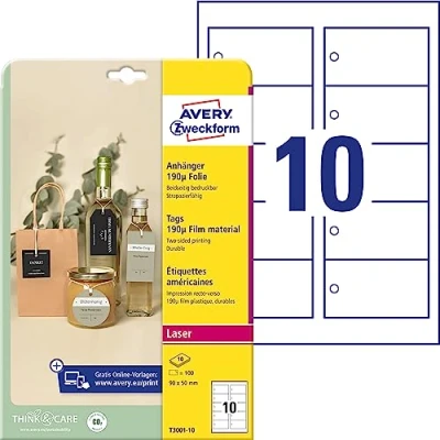 Immagine di Avery Zweckform T3001 10 Etichette rimorchio 90 x 50 mm Poliestere Bianco 100 pz. Non adesiva Stampante laser a colori,