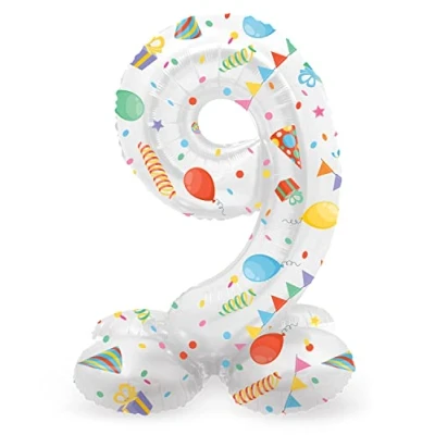 Immagine di Folat 64769 palloncino di alluminio Numero con Base Figura 9 Joyful Party Multicolore 41 cm decorazione per compleanno, anniversario, non è necessario l&#039;elio