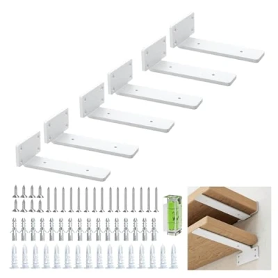 Immagine di Mensola angolare 15 cm (0,4 cm) di spessore, confezione da 6 supporti per scaffali sospesi, nascosti, rustici, industriali, con finitura in ferro moderna, colore bianco