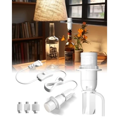 Immagine di DoRight E14 Portalampada per bottiglia con interruttore e spina adattatore E14, Kit lampada da tavolo di vino DIY Bianco 2 pezzi