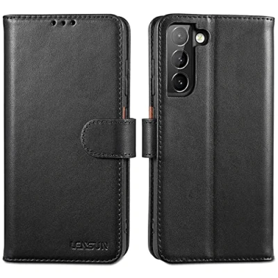 Immagine di Lensun Cover per Samsung Galaxy S21 FE 5G, Custodia in Vera Pelle Antiurto [RFID Blocking] Libro con Portafoglio Chiusura Magnetico Flip Custodie Cuoio Nero
