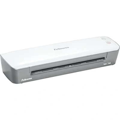 Immagine di Fellowes plastificatrice Ion A4, formato fino a 125 micron, per casa e ufficio, con leva di sblocco modalità riposo, riscaldamento in 4 minuti, incluso starter pack 10 pouches