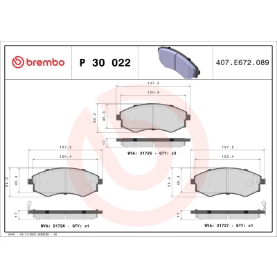 Immagine di BREMBO P 30 022 Kit pastiglie freno con segnalatore acustico usura senza accessori HYUNDAI: COUPE, Matrix, SSANGYONG: Korando II SUV