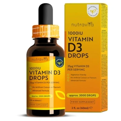 Immagine di Vitamina D3 Gocce 1000 UI per Goccia Alto Dosaggio 2000 in 60ml Supporta Ossa, Denti e Sistema Immunitario D Liquida Colecalciferolo Vegetariano Prodotto da Nutravita