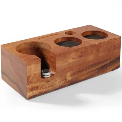 Immagine di HOLIHOKY Tamperstation 51 mm/54 mm, supporto in legno di noce, tamping Station per accessori barista, 54 con cuscino silicone, altezza regolabile