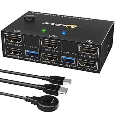 Immagine di Switch KVM HDMI USB 3.0 2 PC Monitor, Simulazione EDID, Display Esteso 4K@60Hz, 2.0, Doppio Monitor Teilen Kabellose Tastatur, Maus, Drucker, mit Wired Remote und 4 Kabeln