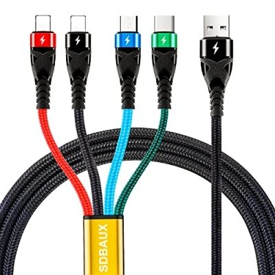 Immagine di SDBAUX 3A/1,2M Cavo di Ricarica USB, Multi 4 in 1 Nylon Intrecciato, Rapida con 2iP Micro USB Tipo C, Compatibile Tutti Gli Smartphone, Tablet, Samsung Galaxy Google Pixel LG Huawei Sony