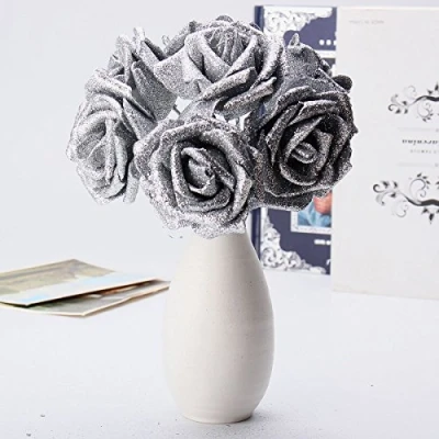 Immagine di Tutoy 7Pcs Artificial Bouquet di Schiuma Glitter Artificiali Fiori Matrimonio Nuziale Partito Decor DIY Rose Argento