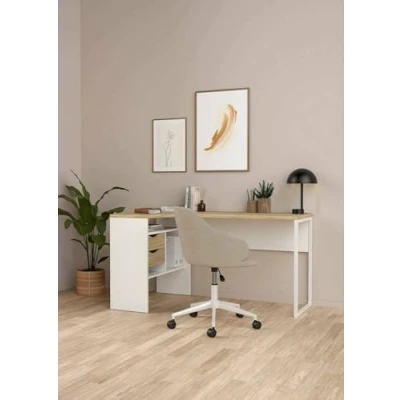 Immagine di Dmora Scrivania ad Angolo con Due cassetti, Colore, cm 145 x 76 81, Bianco e Rovere