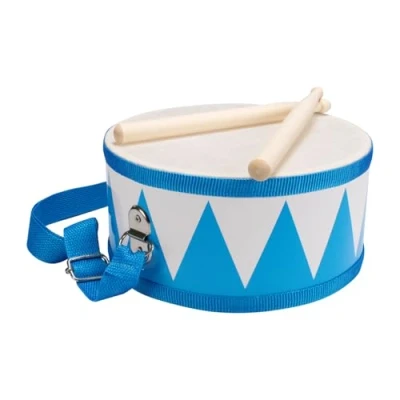Immagine di Tamburo per bambini blu bianco strumento musicale in legno con tracolla e bastoncini D: 20 cm 3845