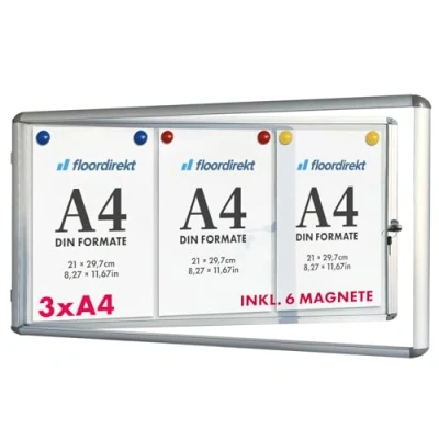 Immagine di Floordirekt Vetrina 3 x A4 con 6 calamite, cassetta di informazione da appendere alla parete posteriore magnetica e scrivibile, telaio in alluminio vetro acrilico