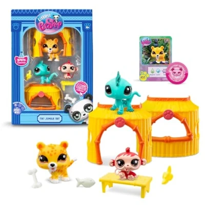 Immagine di Bandai Littlest Pet Shop Pack Tiki Jungle 3 animali e accessori Licenza Ufficiale Coffret Giocattolo carini Miniature di per bambini anni + BF00515