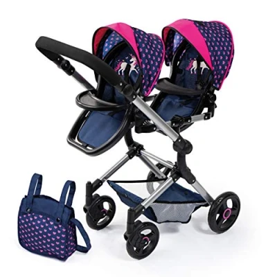 Immagine di Bayer Design 26254AA Passeggino Gemellare, Carrozzina per Bambole, Regolabile in Altezza, Pieghevole con Borsa a Tracolla, Colore Blu Unicorno e Cuori,