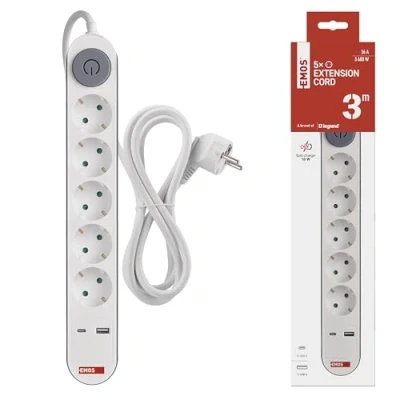 Immagine di EMOS Ciabatta elettrica a 5 prese con ricarica USB, presa multipla interruttore per interni, adatta parete, prese, 1 USB C, cavo A, 3 m, colore: bianco/grigio