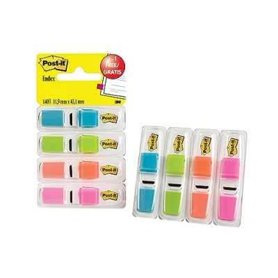 Immagine di Post It Index Segnapagina, Piccolo, Colori Traslucidi, 11.9 mm x 43.2 mm, Pacchetto Promozionale, 35 Segnapagina/Dispenser, 3 Dispenser + 1 Gratis/Confezione