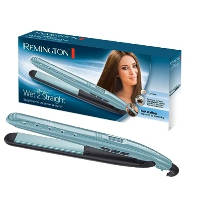 Immagine di Remington piastra per capelli Uso da bagnato e asciutto asciugare lisciare i capelli, ingredienti microattivi anticrespo, display LCD, 140 230C, Wet2Straight S7300