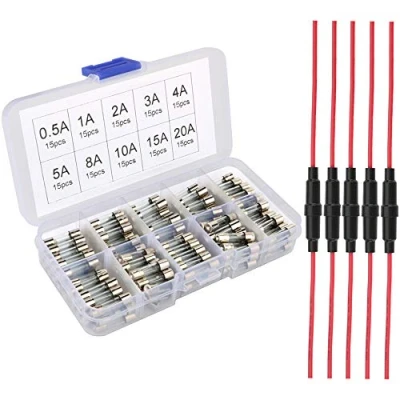 Immagine di Gebildet 5pcs 5x20mm AGC Inlineaa Vite Tipo Portafusibile con 16 AWG Cavetto + 150pcs Fast Soffiare il Vetro Fusibili Assortiti Kit (0.5A 1A 2A 3A 4A 5A 8A 10A 15A 20A)