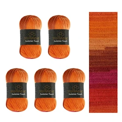 Immagine di Wollbiene Summer Touch Batik, 5 gomitoli di lana da 100 grammi, multicolore con gradiente, 500 g mercerizzata in microfibra acrilica (510 arancione)