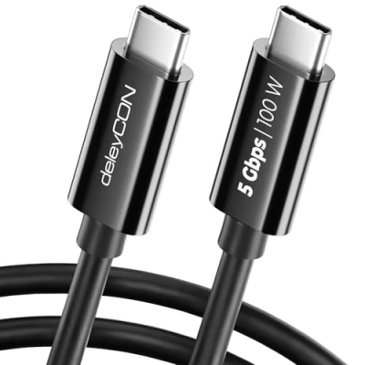 Immagine di deleyCON 0,15m Cavo USB C (Ricarica Rapida 100W &amp; 5 Gbit/s) di Ricarica Corto per iPhone 16 15 Pro Max Samsung Galaxy S24 S23 Pixel iPad MacBook Air Tablets Switch PS5 Nero