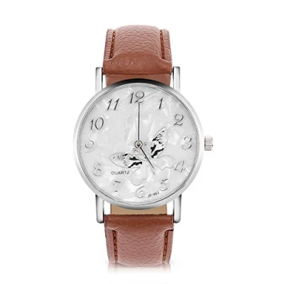 Immagine di Sonew orologio da donna al quarzo analogico rotondo orologi PU pelle cinturino moda semplice farfalla design polso, marrone, Cinghia