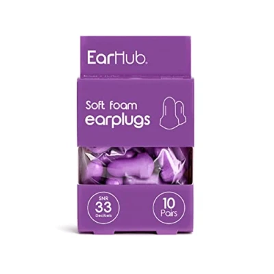 Immagine di EarHub Sleepwell Tappi per le orecchie in morbida schiuma, protezione dell&#039;udito 33 dB, ideali dormire, utilizzati anche viaggi, lavoro, studio e concerti, viola, 10 paia