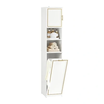 Immagine di SoBuy Mobile a colonna bagno salvaspazio alto con borsa portabiancheria pieghevole Bianco+Oro bordo L33xP32xA171 cm BZR87 W
