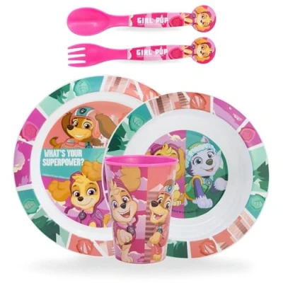 Immagine di Sorrisini Set Stoviglie Bambini Piatti per asilo, scoula Pappa Bimbo piatto, ciotola, posate, bicchiere Svezzamento Prima in plastica dura riutilizzabile Paw Skye