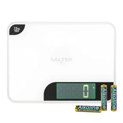 Immagine di Salter 1079 WHDR bilancia da cucina digitale di precisione, 15 kg max, misur liquidi e fluidi, aggiungi pesa funzione tara, design sottile, displ. facile lettura, fin. specchio, bianco
