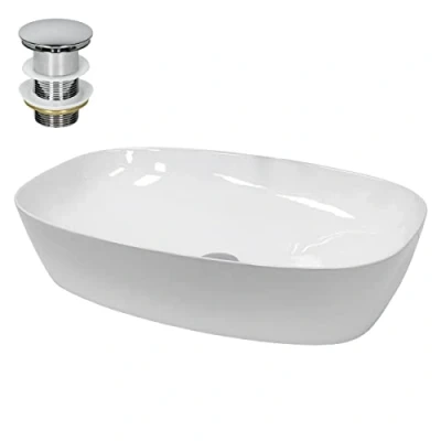 Immagine di ECD Germany Lavabo da Appoggio in Ceramica Bianco Ovale 605x380x140 mm Design Moderno d&#039;Appoggio Lavandino Lavamano con Set di Scarico Lavabile 1 1/4&quot; Piletta Cromato