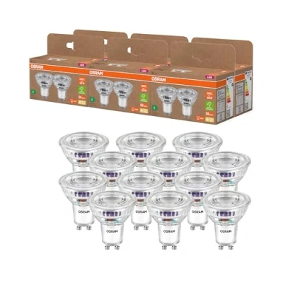 Immagine di OSRAM LED Energy Class PAR16 da 2 W, 360 lm, bianco caldo (2700 K) in vetro trasparente senza piombo con attacco GU10 classe di efficienza energetica A, diametro 50 mm, IP20.6 confezione