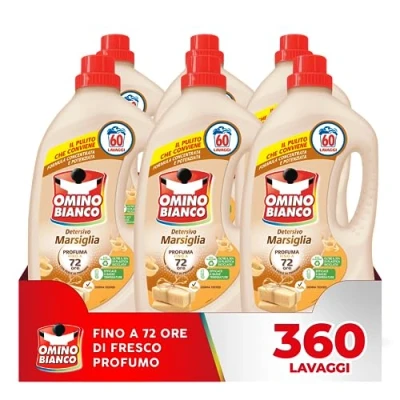 Immagine di Omino Bianco Detersivo Lavatrice Liquido, 360 Lavaggi, Rispetta Colori e Tessuti, Fresco Profumo con Essenza Cuore di Marsiglia, 2400 ml x 6 Confezioni