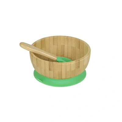 Immagine di BIOZOYG Set con Ciotola rotonda di bambù I base a ventosa e cucchiaio certificato FSC Splendida scodella in legno per bambini ciotole pappa muesli verde