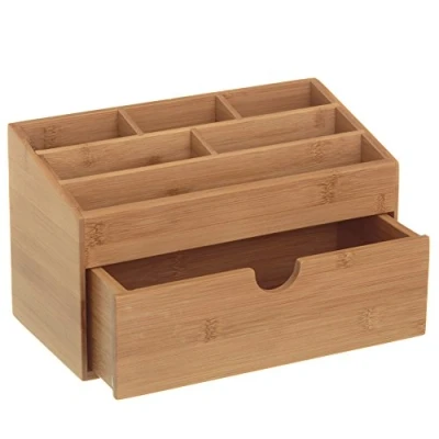 Immagine di Bakaji Organizer Portaoggetti Da Scrivania in Legno di Bambu&#039; con 6 Scomparti e Cassetto Colore Bamboo Naturale Dimensione 25,5 x 13 15 cm
