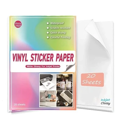 Immagine di HCH Carta adesiva A4, 20 fogli in vinile bianco impermeabile, stampabile per stampanti a getto d&#039;inchiostro e laser, dimensioni 21,6 x 27,9 cm, autoadesiva liscia
