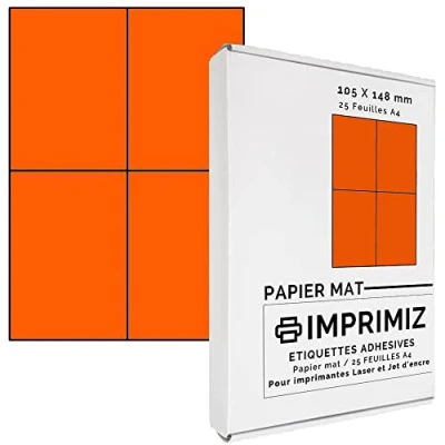 Immagine di Etichette Adesive multiuso A4 105 x 148,5 mm Colore fluo Arancione Opaco 100 / 25 fogli Per stampanti Laser/a getto d&#039;Inchiostro