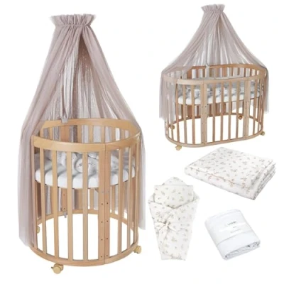 Immagine di Lettino Mobile Waldin 7in1, Materasso, Culla Espandibile, Ventilato, Base Regolabile 5 Posizioni, Set Completto, Legno Naturale, Tessuti Rami Tortora