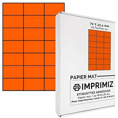 Immagine di Etichette Adesive multiuso A4 70 x 42 mm Colore fluo Arancione Opaco 525 / 25 fogli Per stampanti Laser/a getto d&#039;Inchiostro