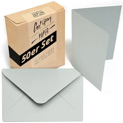Immagine di Japun Set di 50 biglietti pieghevoli vuoti comprese buste, per la progettazione, l&#039;etichettatura o stampa DIN A6 / C6 grigio