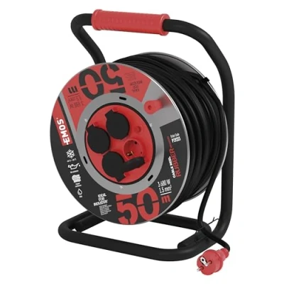 Immagine di EMOS Avvolgicavo da 50 m in lamiera d&#039;acciaio 4 prese Schuko impermeabile, resistente agli urti, olio e alle intemperie 230 V, 16 A, 3680 W Isolamento gomma H07RN F 1,5 mm2 IP44 per