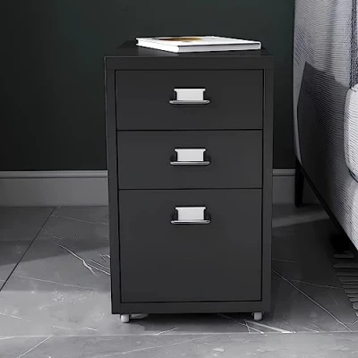 Immagine di [en.casa] Cassettiera da Ufficio con Rotelle 48 x 28 41 cm Organizzatore a 3 Cassetti Mobile Contenitore in Acciaio Nero opaco