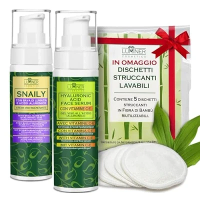 Immagine di LUMINER 50ml Crema Bava Di Lumaca Viso al 70% + Acido Ialuronico Viso, Siero Ialuronico, Trattamento Intensivo/Idratante, Antietà e Antimacchia, Con 5 Dischetti Struccanti Bambù
