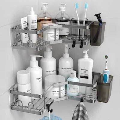Immagine di FINIBO Mensola per doccia senza foratura, 2 pezzi, autoadesiva, angolare, bagno, doccia, in acciaio inox, con 4 ganci e supporti dentifricio, colore nero