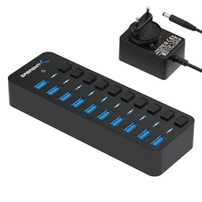 Immagine di SABRENT Hub USB 3.2 Gen 1 [10 Porte] da 60W con interruttori di Alimentazione individuali e LED, Include Adattatore 12V/5A (HB BU10)