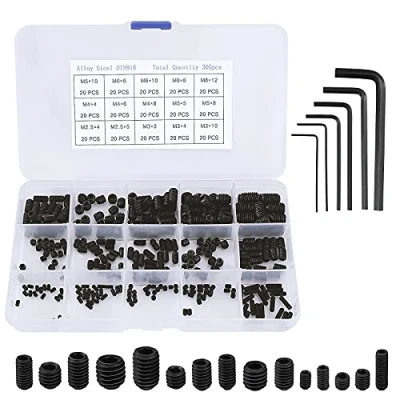 Immagine di Viti Senza Testa Esagonale Assortimento Assortito Kit in Lega di Acciaio M2.5 M3 M4 M5 M6 M8 con Chiavi Allen Nero 300 Pezzi