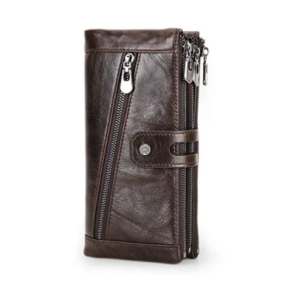 Immagine di Contacts RFID Blocking Portafoglio lungo da uomo in vera pelle,con chiusura lampo multifunzion porta pochette Cellulare retro marrone scuro (Caffè1)