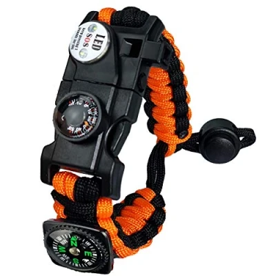 Immagine di Braccialetto Paracord Sopravvivenza Militare Kit, Bracciale Regolabile con Flint + Bussola Termometro per attività all&#039;aperto Escursionismo Campeggio di Emergenza (Arancio)