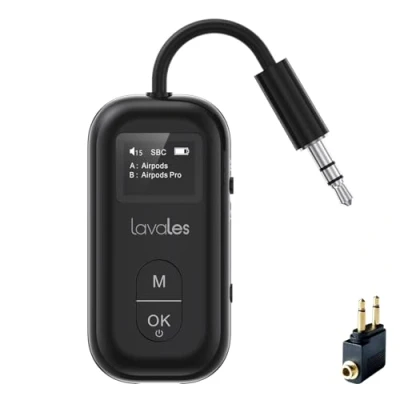 Immagine di Lavales SafeFly Pro Trasmettitore Ricevitore Bluetooth 5.3 da Aereo per 2 AirPods o Cuffie, AptX Low Latency, Adattatore Wireless Audio AUX 3,5 mm Aereo, TV, Palestra, Tablet