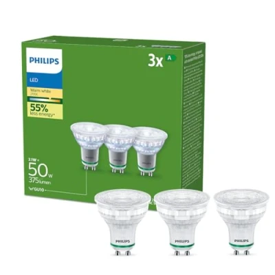 Immagine di PHILIPS LED Faretto Classe A Ultra Efficiente, 3 Pezzi, 50W, GU10, Luce Bianca Calda