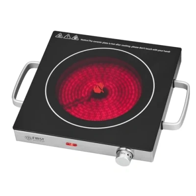 Immagine di TZS First Austria piano cottura a infrarossi singolo elettrico in vetroceramica con calore 2000 W controllo continuo della temperatura mobile 17,5 cm argento/nero