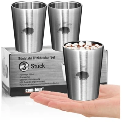 Immagine di com four® 3 Tazze in acciaio inossidabile per bambini Tazza da viaggio 304 250 ml campeggio a doppia parete Senza BPA (Riccio pezzi)